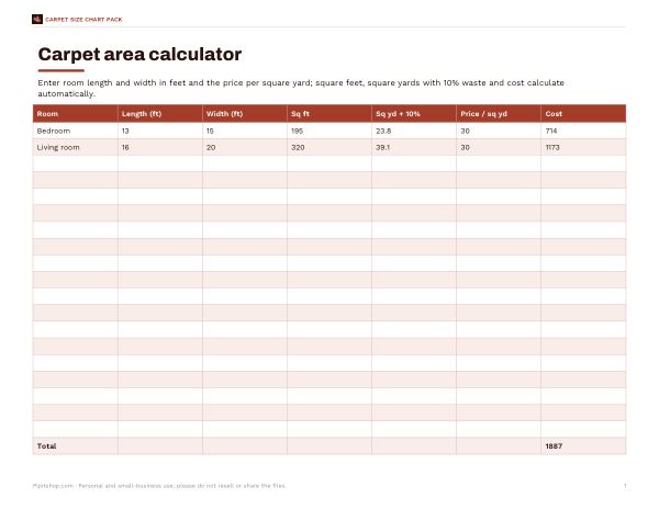 Preview of Printable Carpet Area Calculator