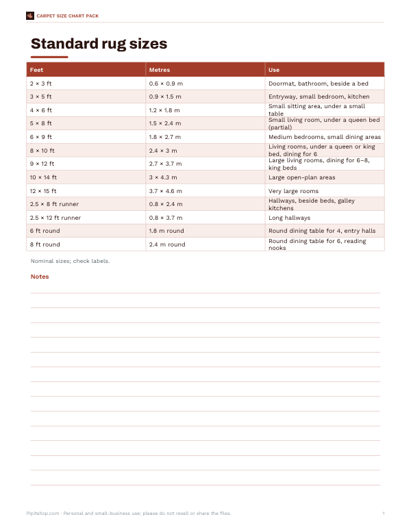 Preview of Printable Carpet Size Chart